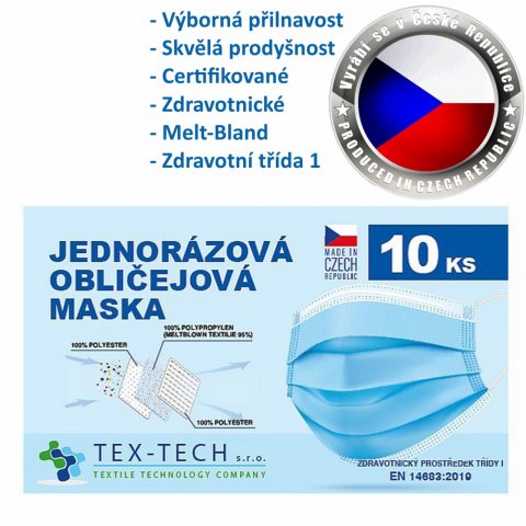 Rouška jednorázová zdravotnická TEX-TECH český výrobek 10ks